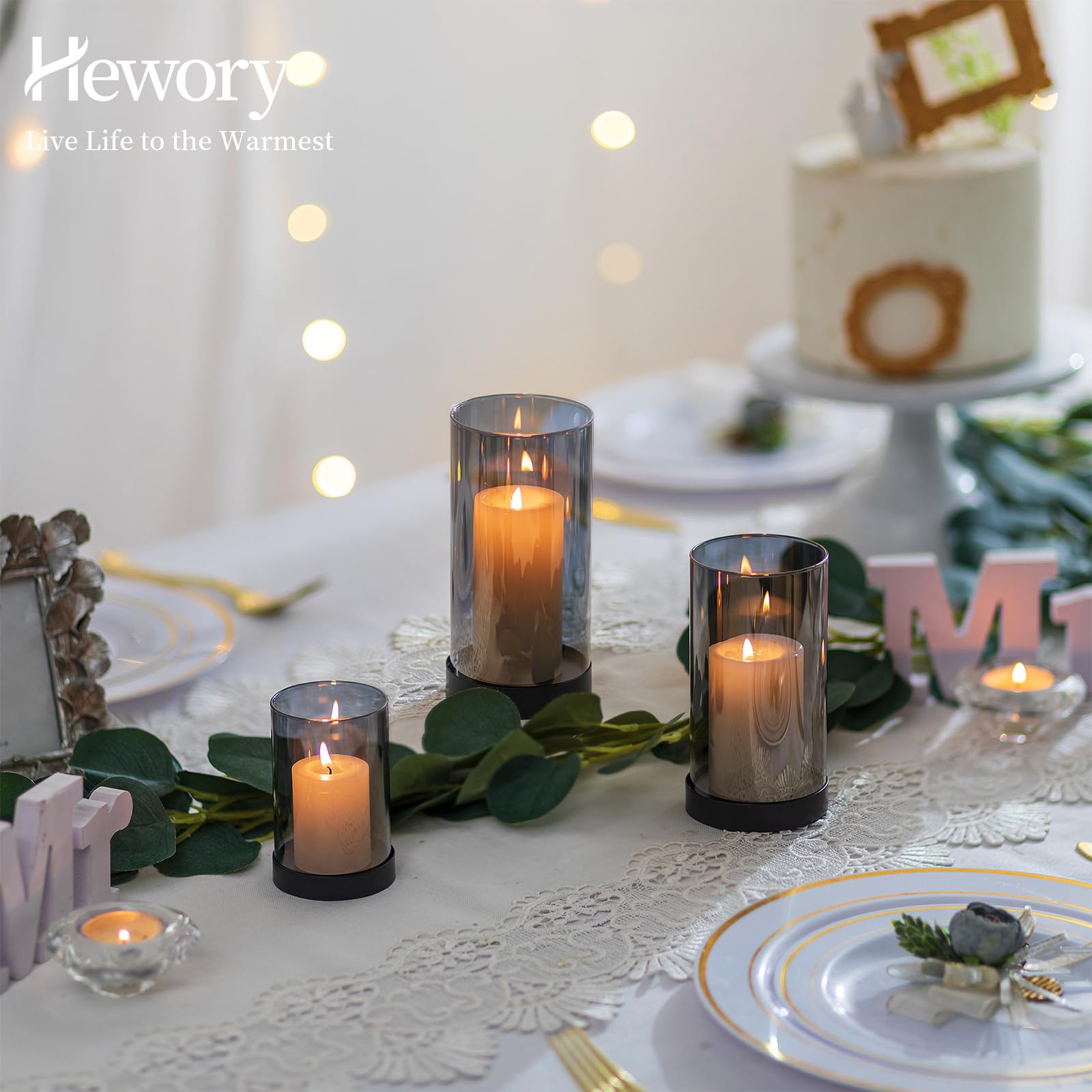 Hewory Hurricane Candle Holder Black : Lot de 6 bougeoirs en Verre pour Bougies piliers, Lanterne décorative avec Plateau en métal pour Le Salon, la Salle à Manger