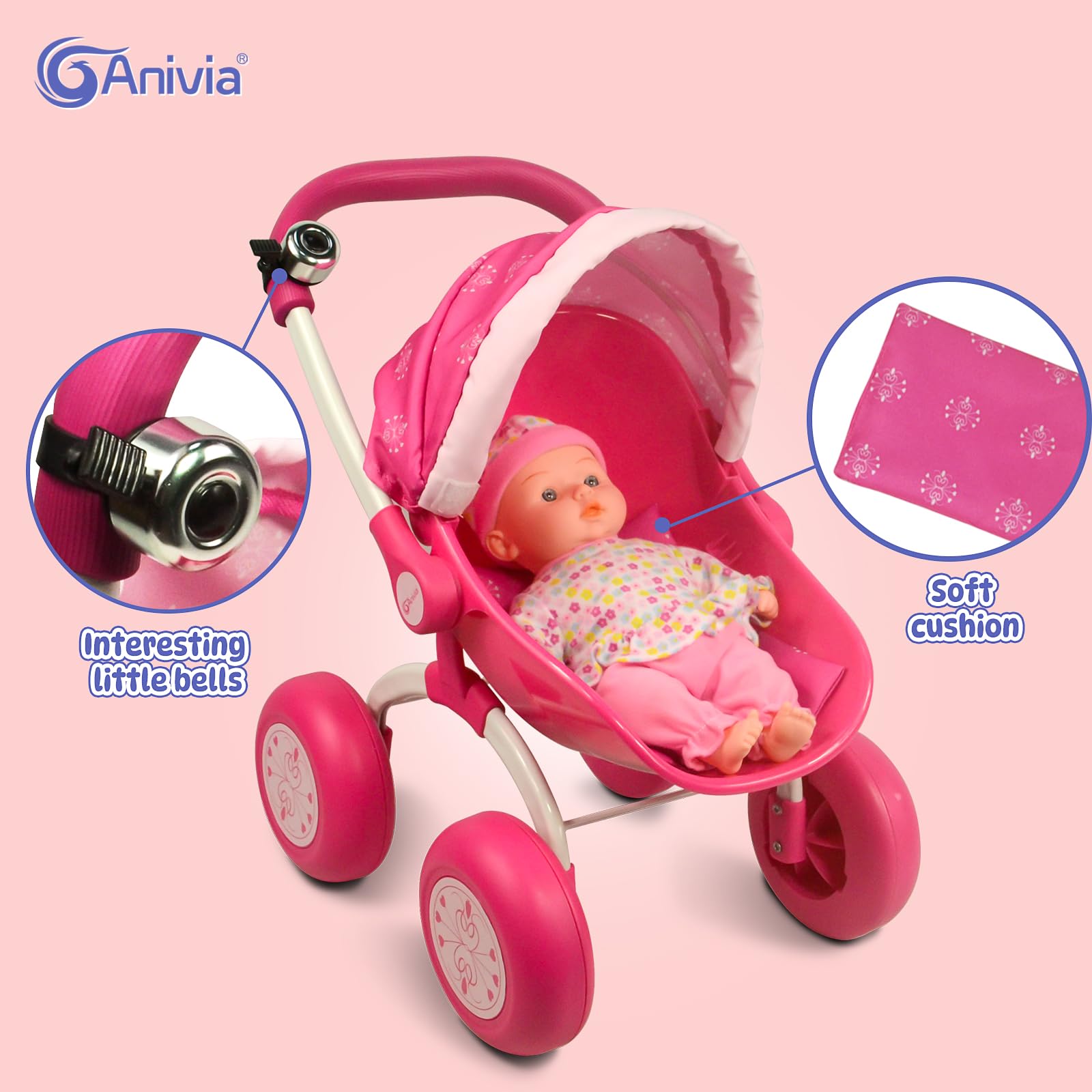ANNIVIA Baby Doll Stroller - Metal Fold Up and Down Pram Carriage for Dolls