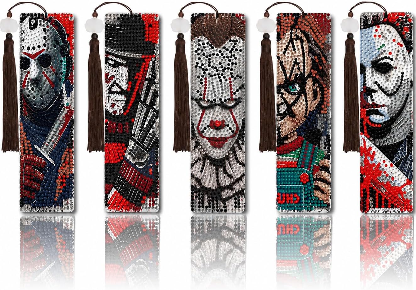5 Pack Horror Theme Diamond Art Bookmarks,Halloween Diamond Painting Bookmarks for Book Lovers 5D DIY Bookmark Crafts Diamond Art Kits for Adults Beginner DIY Diamond Dots Gem Art Kit