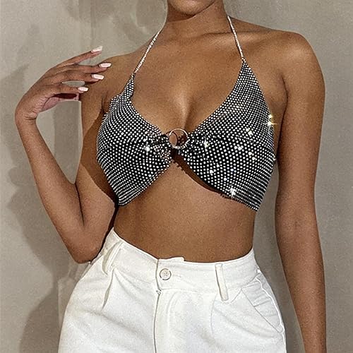 Miniatura 8 de Camiseta corta sin espalda con diamantes de imitación brillantes para mujer, sexy, halter, transparente, para salir por la noche, fiesta, club