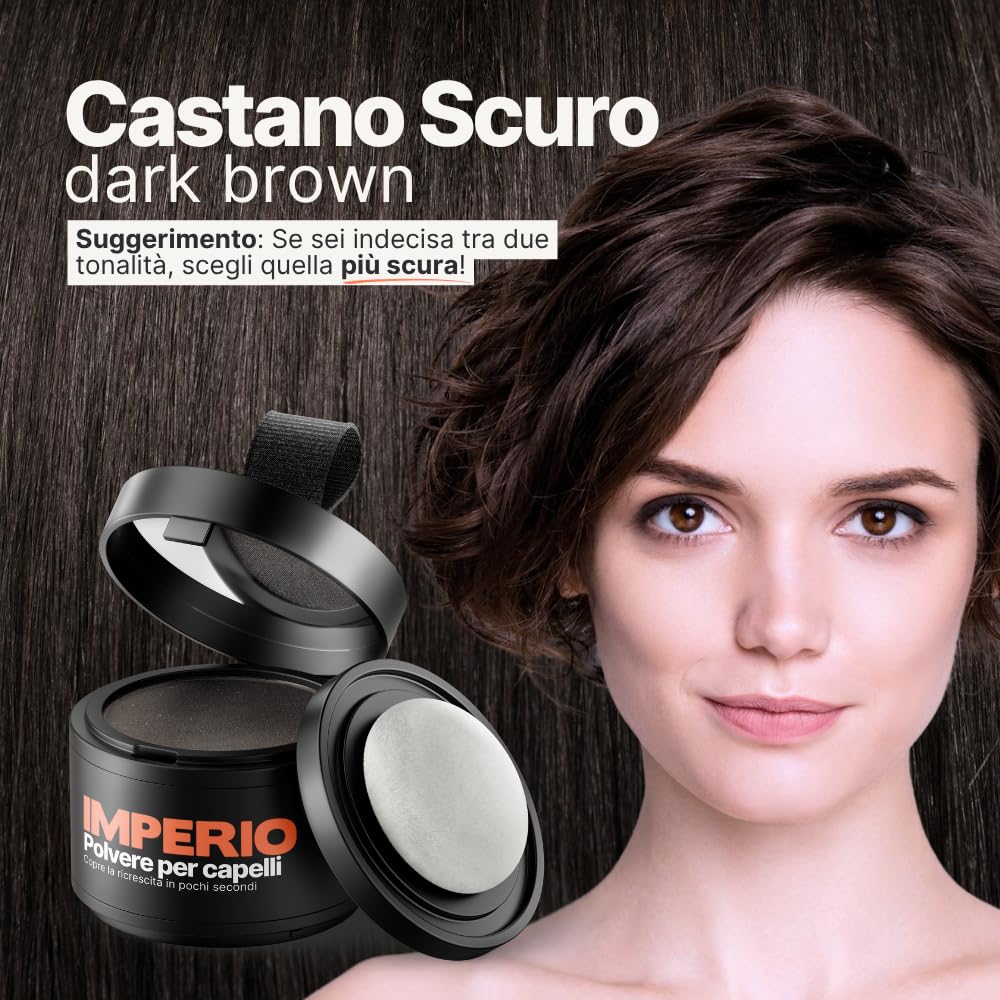 Polvere per capelli IMPERIO - Correttore per infoltimento capelli per donna e uomo, mascara per capelli waterproof per nascondere la ricrescita - 4g (castano scuro)