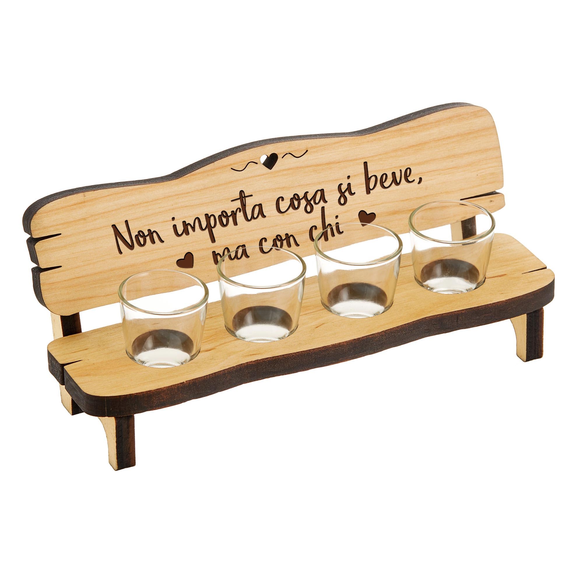 Casa Vivente Panchina per Shot in Legno con 4 Bicchierini in Vetro Inclusi, Incisione Non Importa Cosa Si Beve, Accessori Decorativi, Idea Regalo Originale per Anniversari, Matrimoni o Compleanni