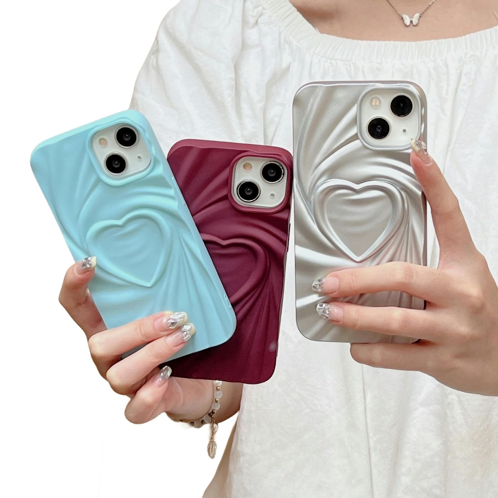 MdybF Etui iPhone Trójwymiarowe Serce Nadaje się do Iphone15Promax Etui na Telefon Komórkowy Iphone14Iphone13 Miękkie Etui Ochronne - Srebro-Iphone 12/12 Pro