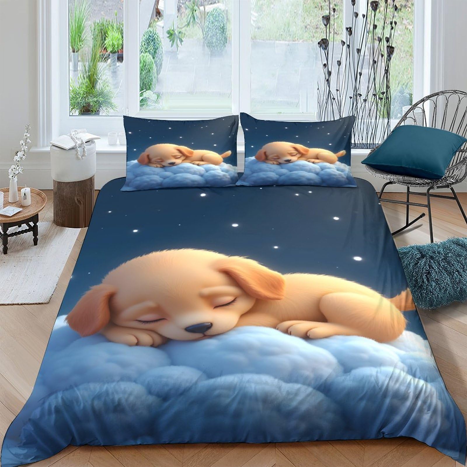 Ctjqhvkz Style-8 3D Printed Sleeping Puppy Fitted Sheet Microfiber Soft Anti-Slip Blue Cloud Bed Cover For Bedroom Guest Room Decor Single（135X200cm）
