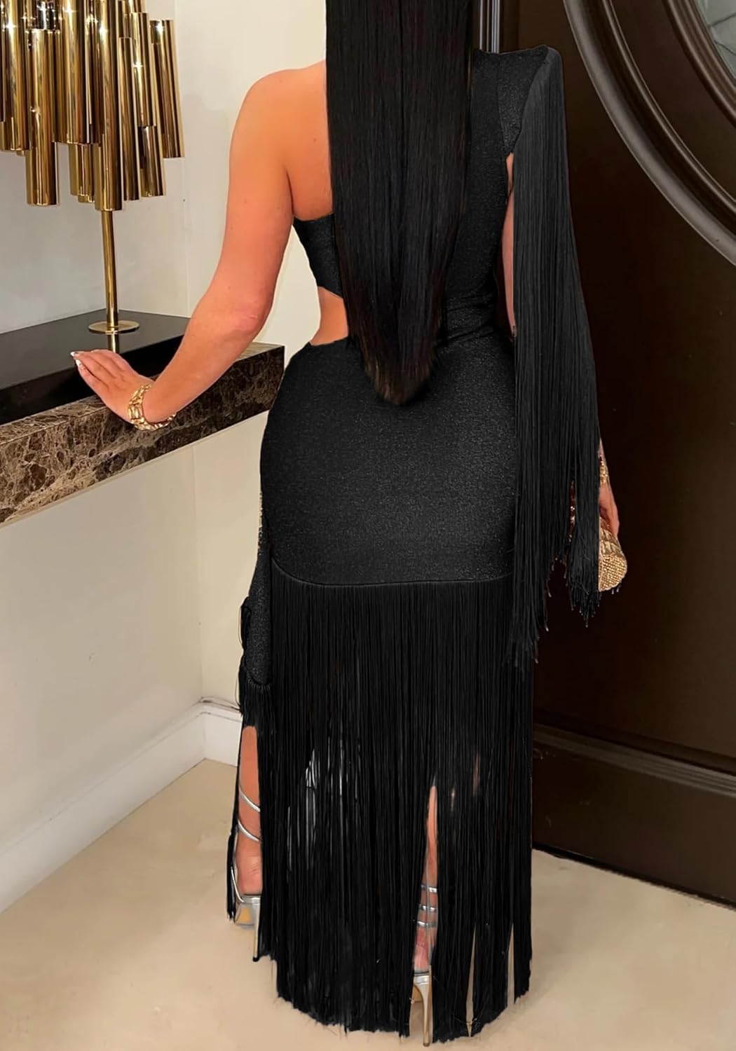 Geulis Womens Sexy Wedding Guest Dress Elegant One Shlouder Fringe Dress Flowy Bodycon Sparkly Glitter Evening Dresses - Image 3