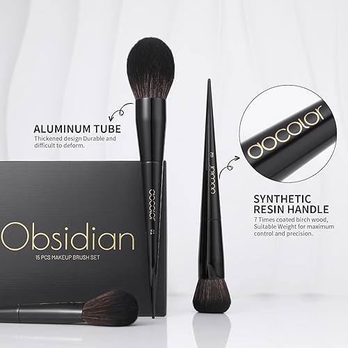 Miniatura 5 de Docolor Juego de 15 brochas de maquillaje de obsidiana para maquillaje en polvo sintético de primera calidad, base Kabuki, contorno de rubor,