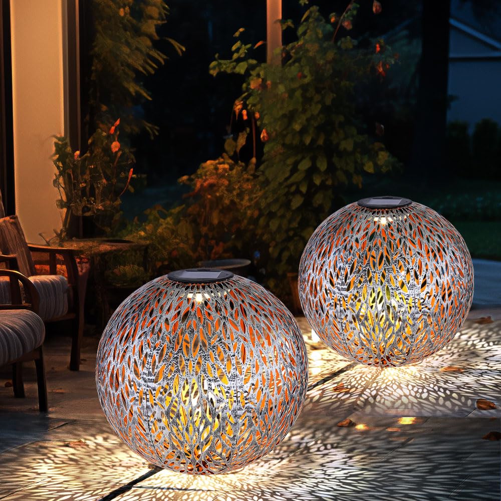Solar Kugelleuchte Außen Solarkugelleuchte Garten, Dekor Stanzungen, antik-silber gold, LED AKKU, DxH 27 x 38 cm, 2er Set