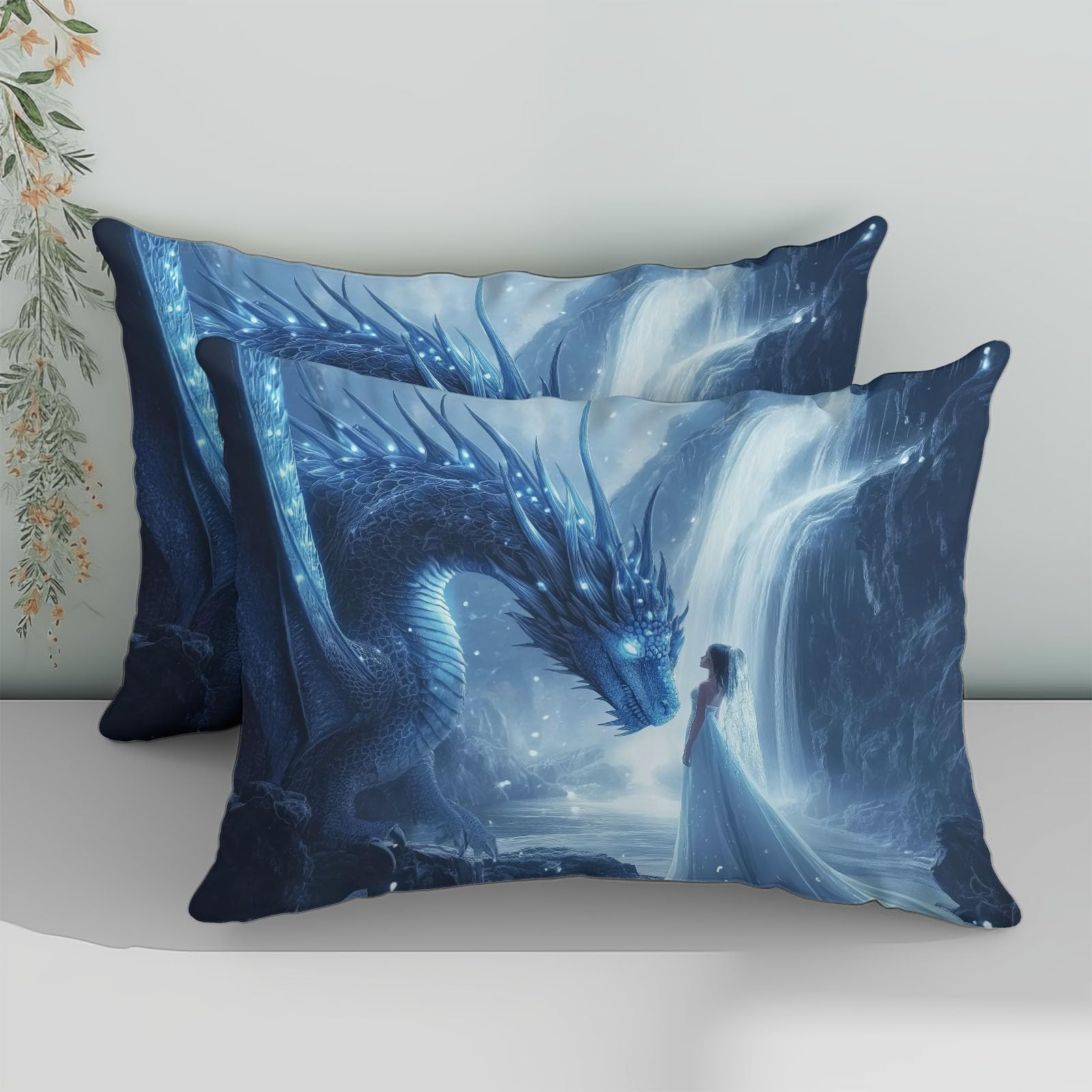 Zestaw poszewek na kołdrę 200 x 200 cm Fantasy Dragons And Princess Szczotkowana Miękka Dwustronna Mikrofibra Zestaw Pościeli Z 2 Poszewkami Na Poduszki Zmywalny I Oddychający, Niebieski