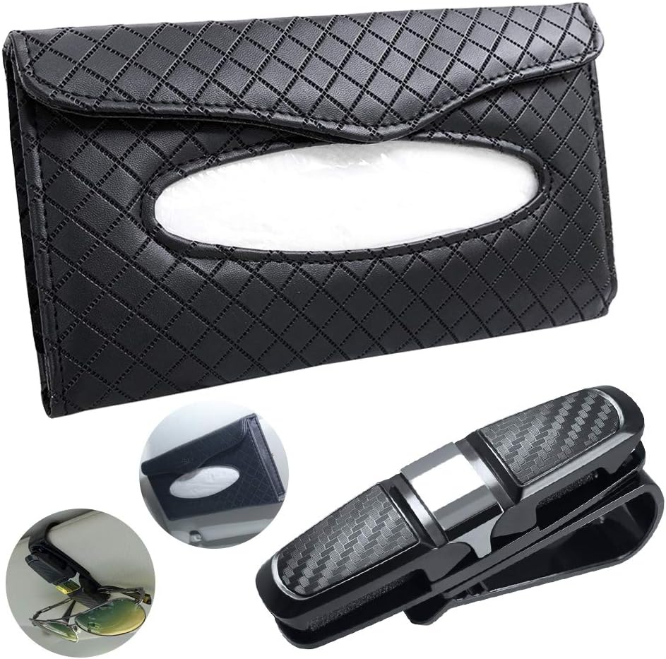 Car Tissue Holder and Glasses Holder, FineGood PU Leather Backseat Sun Visor Napkin Holder with Sunglassed Holder - Black