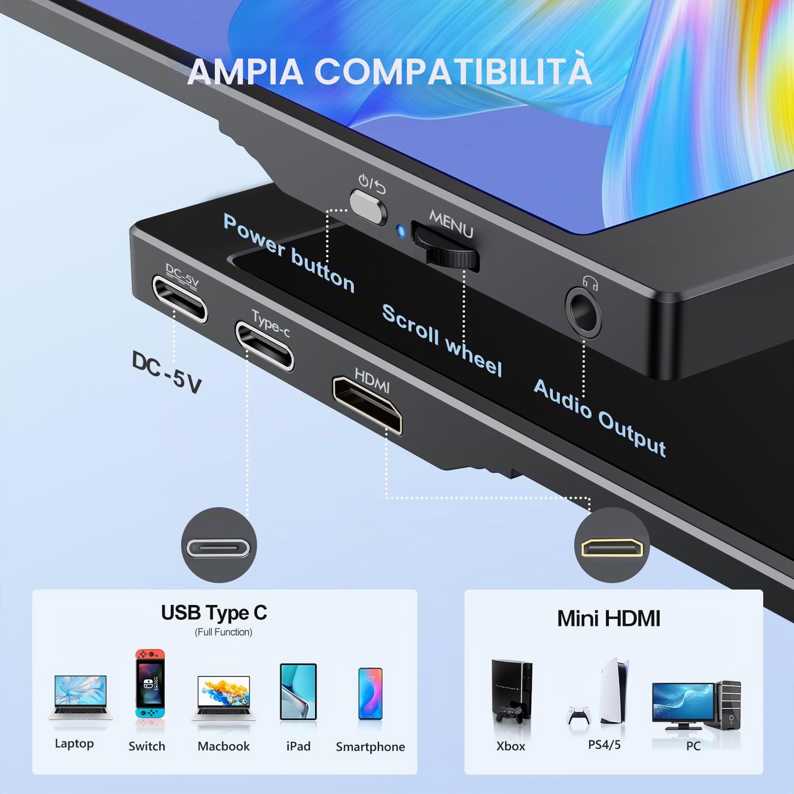 Monitor Portatile, 15.6 Pollici Schermo Portatile, 1920x1080 FHD | Portable Monitor con Mini HDMI/USB-C, per Laptop, PC, Mac