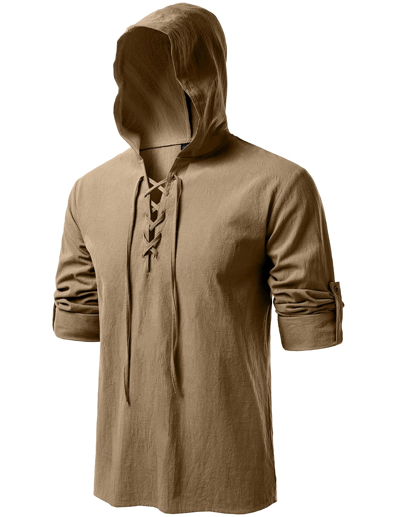 JEMITOP Men's Pure Cotton Retro Style Lace Up Hooded Shirts for Renaissance Pirate Viking Medieval Costume, Dark Khaki, S