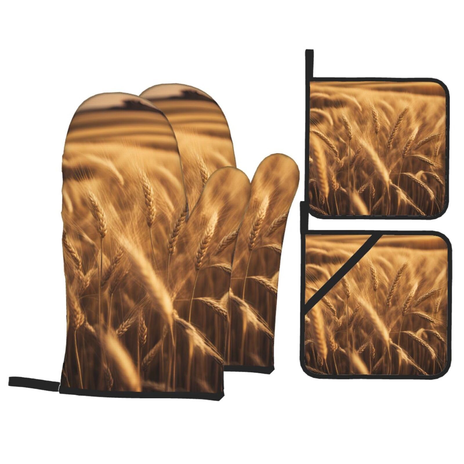 Wheat Field Print 4-Piece Oven Microwaving Set Waterproof Kitchen Gloves for Baking Grilling Cooking
