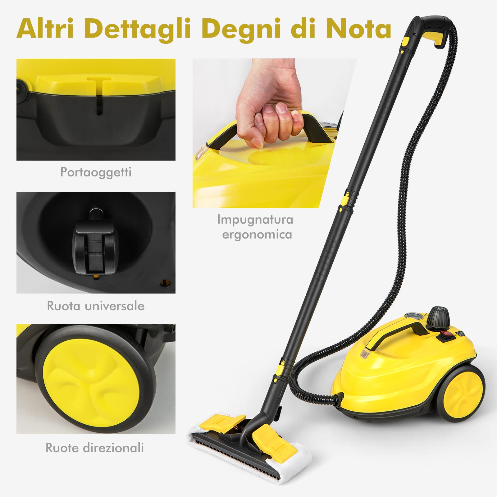 COSTWAY 2000W Pulitore a Vapore, Macchina per Pulizia Rotante con 13 Accessori, Capacità d'Acqua di 1,8L, Macchina a Vapore Multiuso per Tappeti Finestre Vetri e Tende (Giallo)