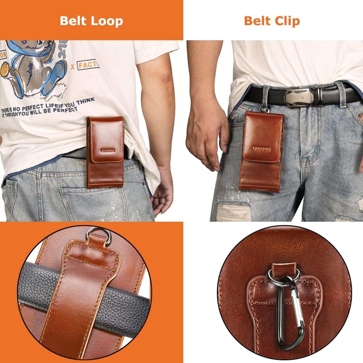 Genuine Leather Cell Phone Holster w/Magnetic Cover Belt Clip Pouch Compatible for iPhone 14 Pro Max, 13 Pro Max, 12 Pro Max with Phone Case On, Credit Card Slot Holder Belt Loop for S22 Ultra, Brown