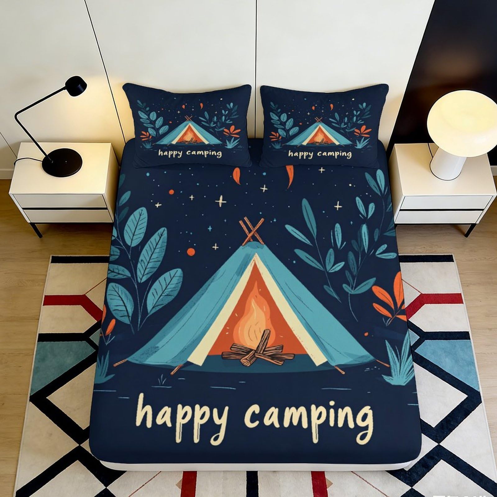Dhbaneiok Style-1 3D Printed Camping Tent Fitted Sheet Microfiber Happy Camping Bed Cover For Bedroom Guest Room Dorm Decor 90X200x25cm