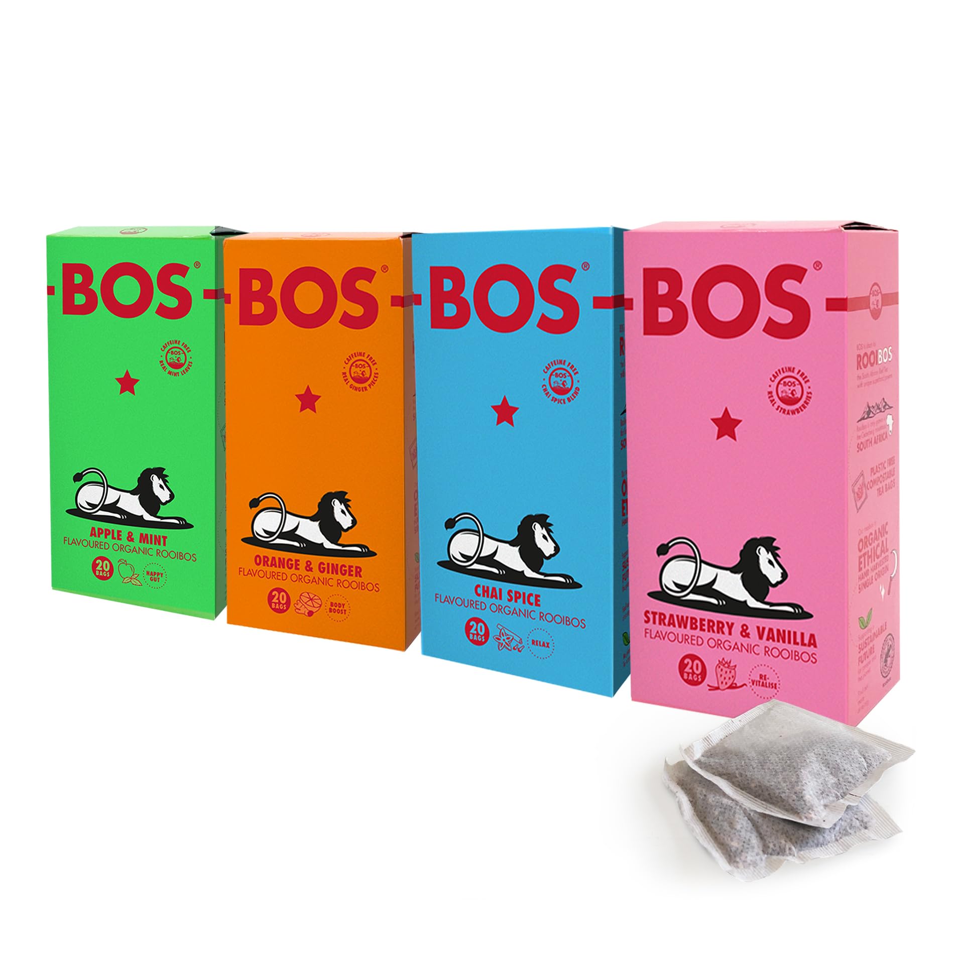 BOS Organic Rooibos Caffeine Free Tea Variety Pack: Includes Apple With Mint Leaves, Orange With Ginger Pieces, Chai, Strawberry & Vanilla, 4 x 50 g Cartons (Total 80 Teabags)