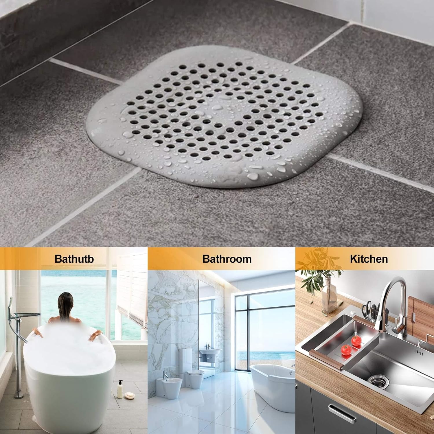 Revwd 2 Pcs Grey Hair Drain Catcher Square Drain Cover for Shower Silicone Hair Stopper with Suction Cup Suit for Bathroom Bathtub Kitchen. 2