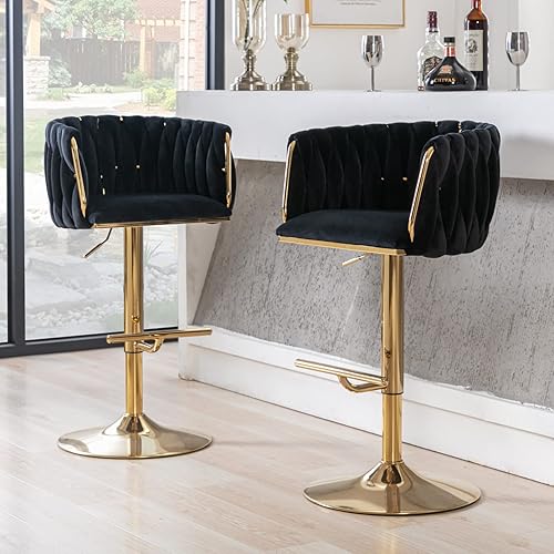 LukeAlon Taburetes de bar giratorios de terciopelo, silla de bar moderna de altura ajustable con base dorada, respaldo tejido con reposapiés para el