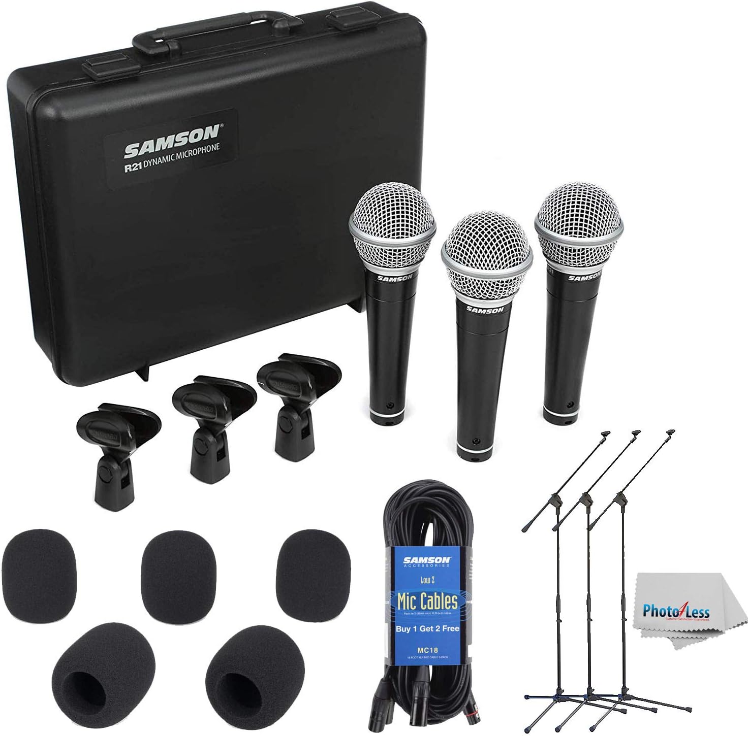 Samson R21 - Dynamic Vocal/Presentation Microphone 3-Pack for Live Performance and Recording + Lightweight Boom Mic Stand + 18' Mic Cable (3 Pack) + 5 Mic Windscreens & Clean Cloth