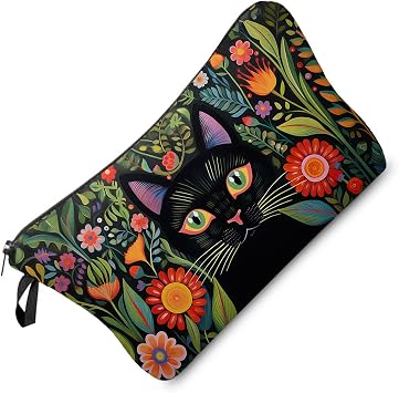 Livel lhood Black Cat Makeup Bag Mexican Folk Art Painting Small Organizer Zipper Pouch Floral Black Cat Kitten Print Cosmetic Bag Present for Women Friends