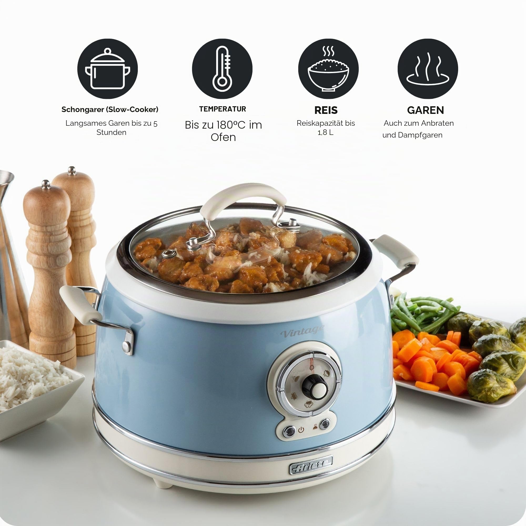Ariete 2904 Vintage Rice Cooker, Reiskocher Slow Cooker, Dampfgarer, Vintage-Linie, 3,5 l, antihaftbeschichtete Keramikbeschichtung, 650 W, Pastellblau