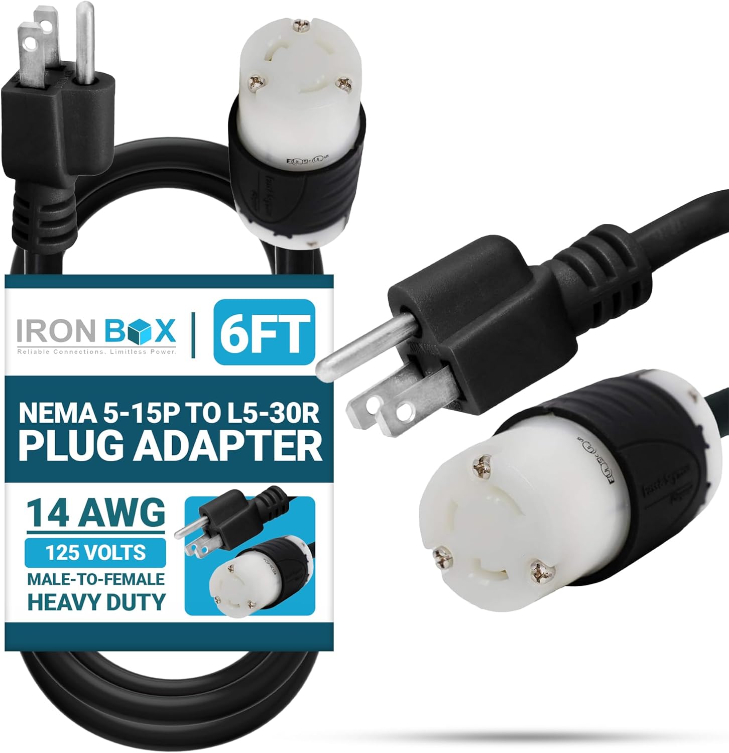 IronBox Electric NEMA 5-15P to L5-30R Plug Adapter Power Cord - 15A,125V,14 AWG - UL Listed Power Extension Cable - Heavy Duty Plug & Connector for Generator, Servers, PDU, Camper & More (6ft, Build)