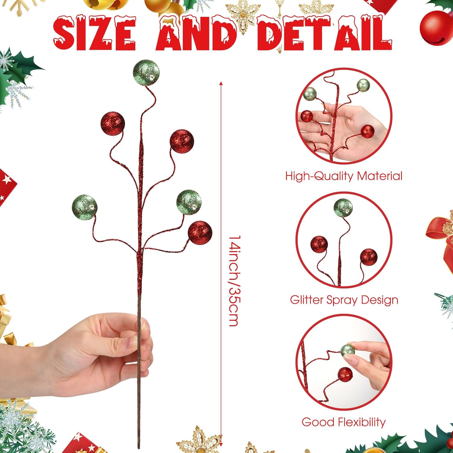 Hiboom 30 Pcs 14 Inch Red and Green Christmas Tree Picks and Spray Glitter Ball Curly Picks Large Artificial Berry Stems and Sticks for Christmas Tree Decor Holiday Vase Fillers Topper Ornaments