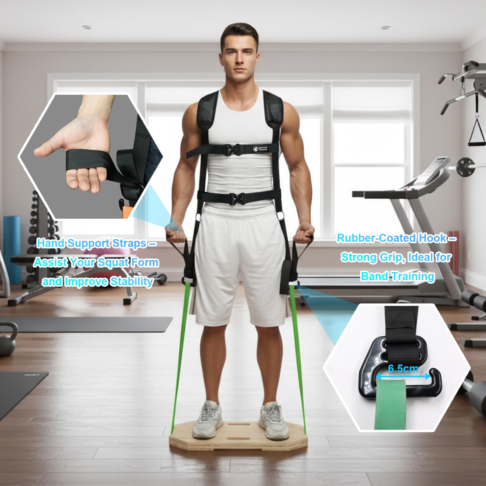 J Bryant Harnais de squat réglable pour bandes de résistance, sangle d'épaule rembourrée, boucles à dégagement rapide et crochets en E pour entraînement des fessiers, des jambes et du corps entier