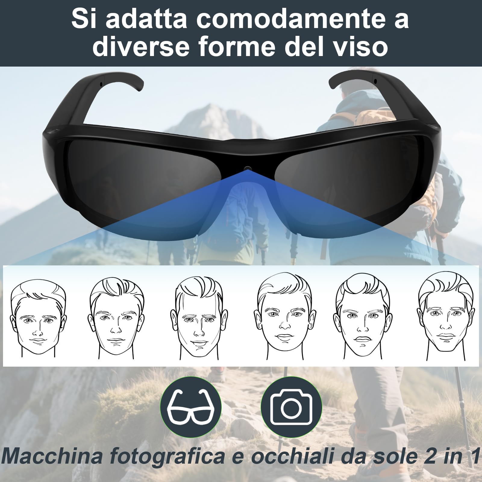 Telecamera Spia Occhiali HD 1080P, Occhiali da Sole con Fotocamera Integrata, Videocamera spia mini esterno registrazione in loop FPV Action Camera per attività all'aperto, 2 ore