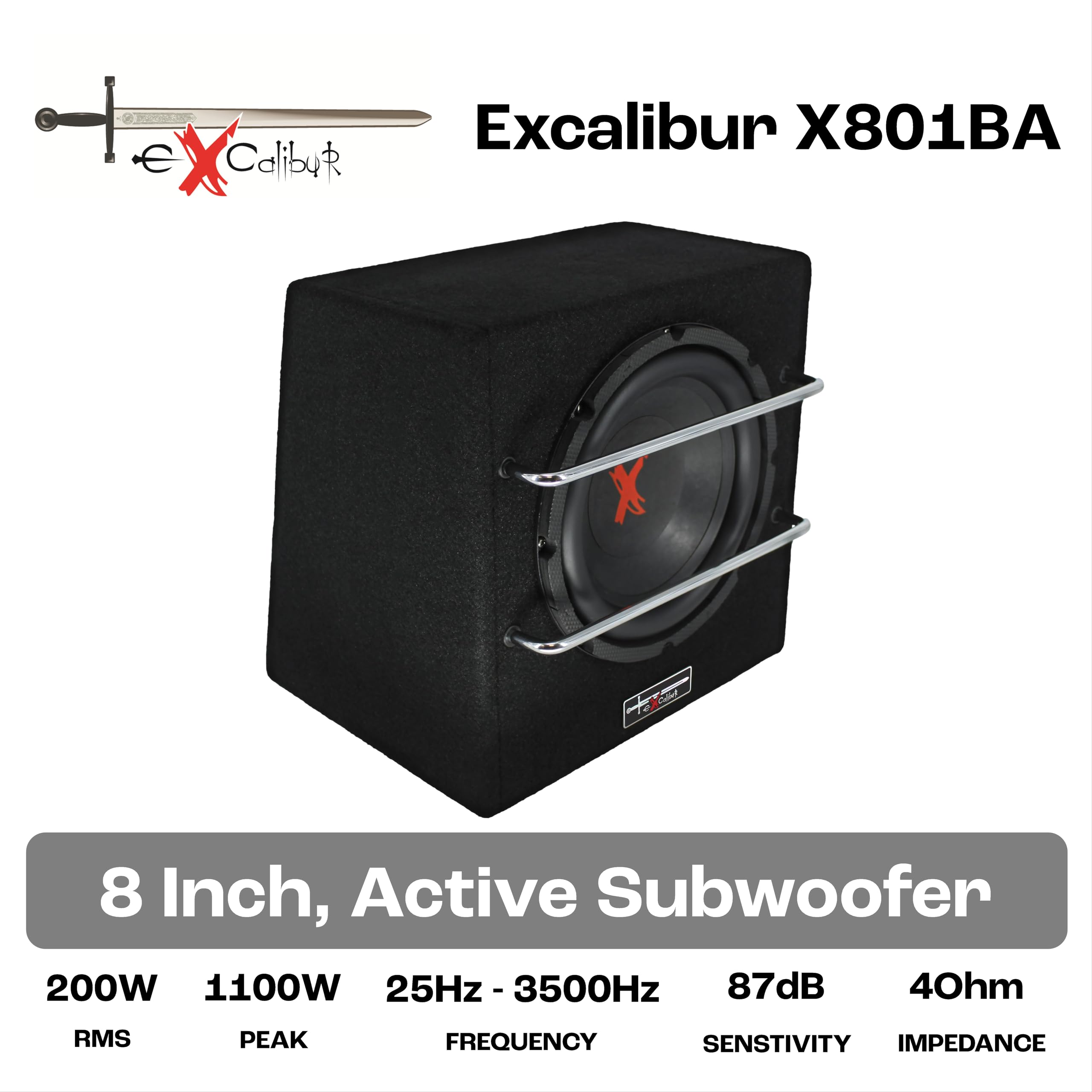 Excalibur X801BA Subwoofer Coche Activo 8" 20cm Caja Bass Reflex con Amplificador Integrado Potencia MAX Compacto Audio Automóvil Bombo Graves Maletero Instalación Fácil Negro