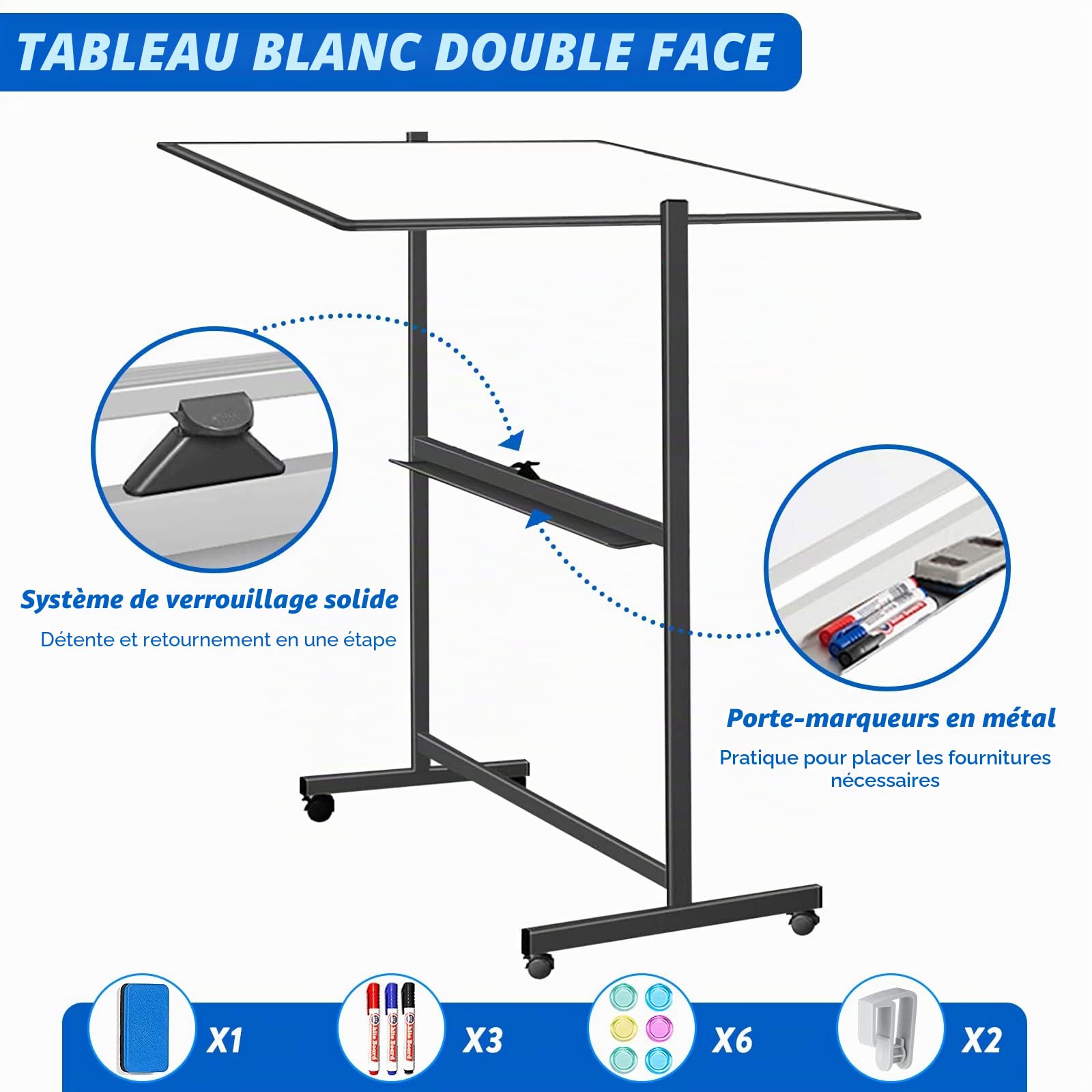 Tableau Blanc Effacable sur Pied 120 x 80 cm, Whiteboard Mobile avec Support, Surface d'écriture Magnétique Double Face, Cadre en Aluminium, Accessoires pour Salle de Classe, Maison, Bureau, Noir