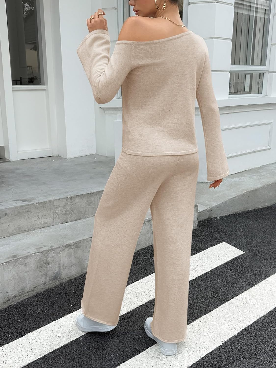 Tankaneo Womens Off the Shoulder 2 Piece Outfits Sweater Sets Bell Sleeve Tops Pants Casual Trendy Matching Lounge Sets - Image 5