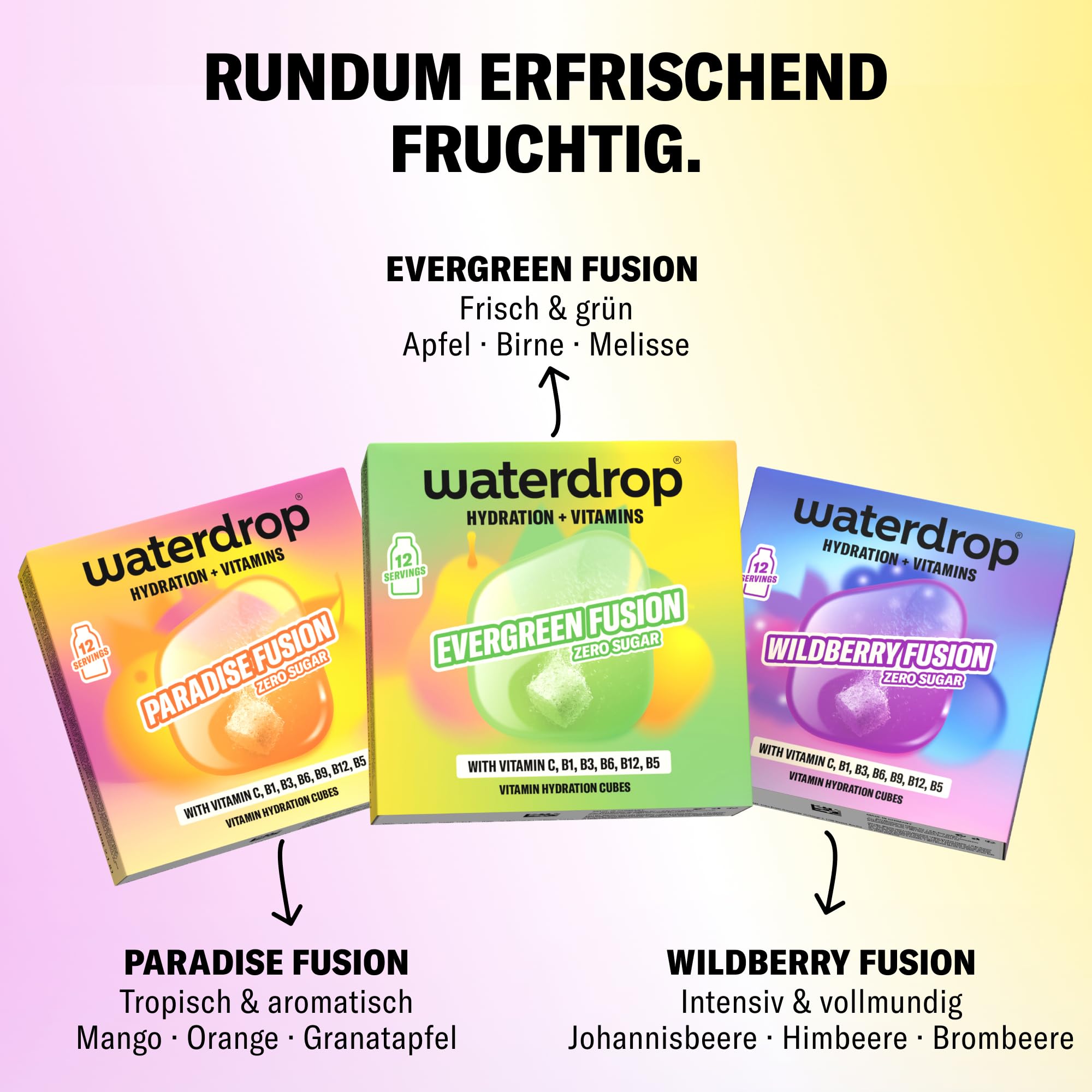 waterdrop® Wildberry, Paradise & Evergreen Fusion – 36 Waterdrop Würfel – Zuckerfreier Durstlöscher & Alternative zu Getränkesirup und Geschmackspulver – Geschmack für Wasser ohne Zucker - vegan