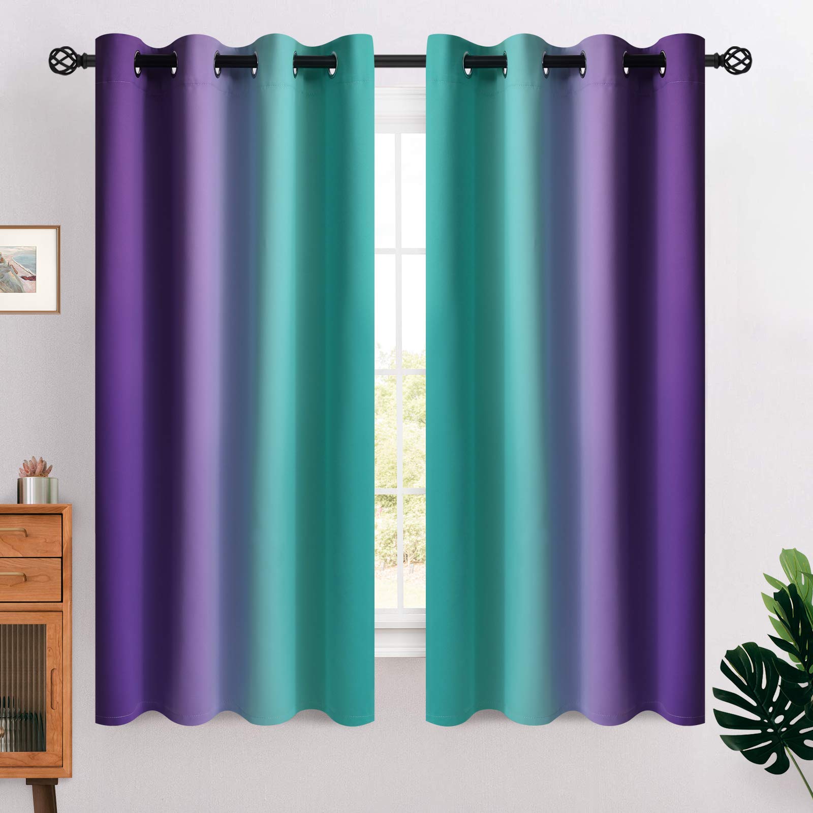 COSVIYA Grommet Ombre Blackout Curtains, 160 cm Length, for Kids'/Girls' Bedroom, Polyester, Light Blocking, Teal and Purple Gradient, Window Curtains Living Room, 2 Panels, 132 x — image 1