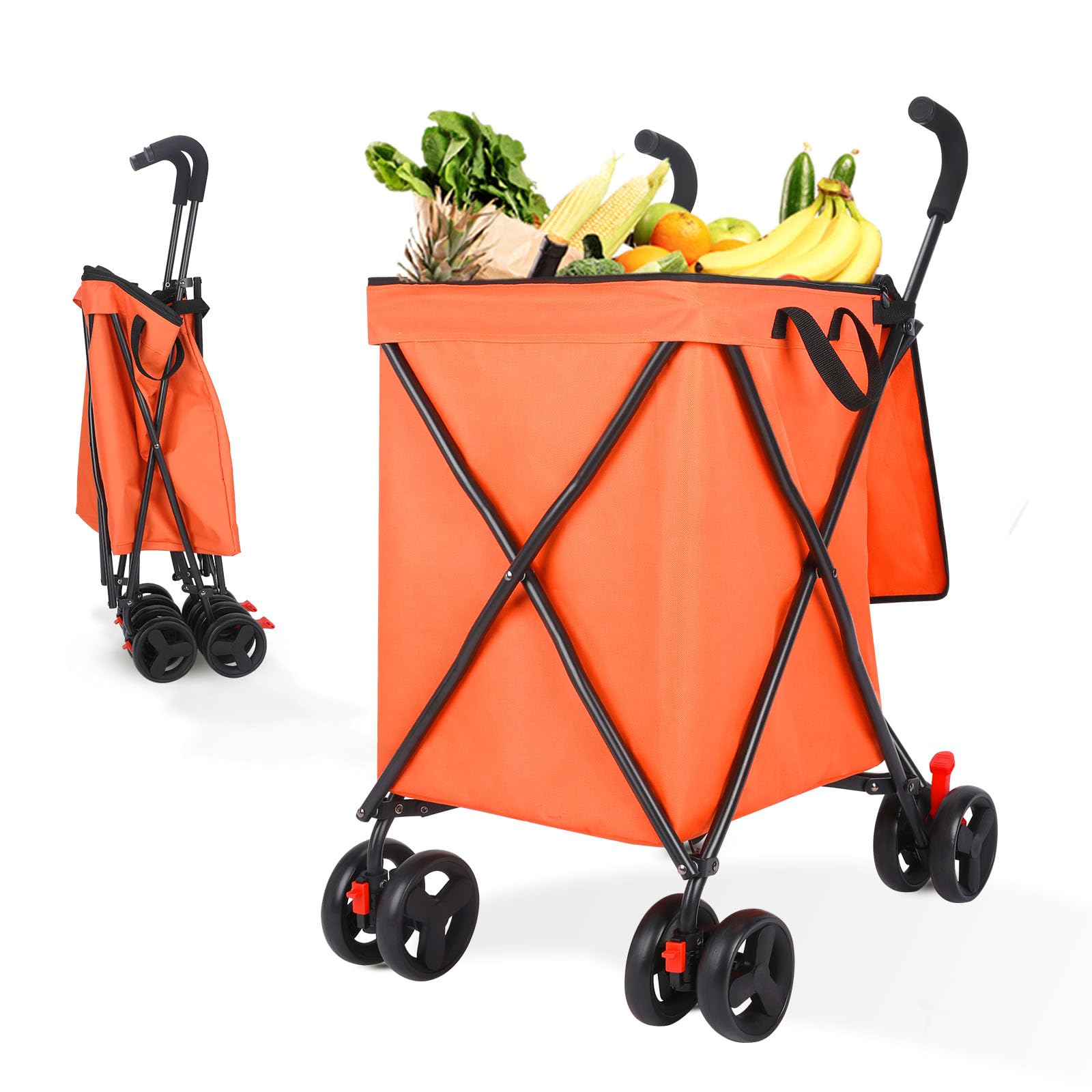 Wedyvko Folding Shopping Trolley Cart 2024, Double 4-Wheel, Max Load 102L/120 LBS, The Original Patented, Orange
