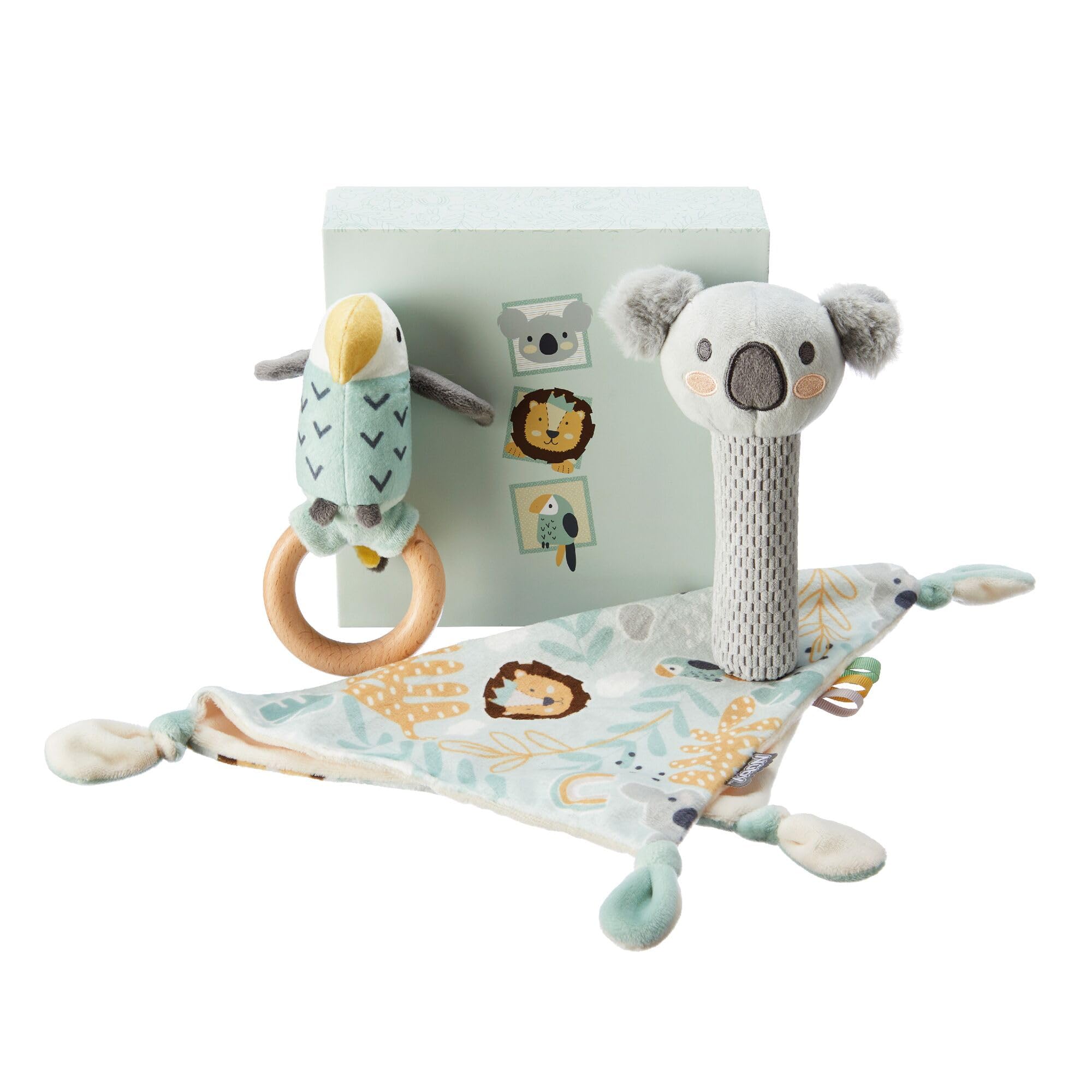 Nuby Juego de regalo para bebé Nuby - Set de Regalo para Bebés Animal Adventures - Set de Recuerdos de 3 Piezas - Peluche, Sonajero y Mordedor - Incluye Empaque de Regalo - Apto desde el Nacimiento
