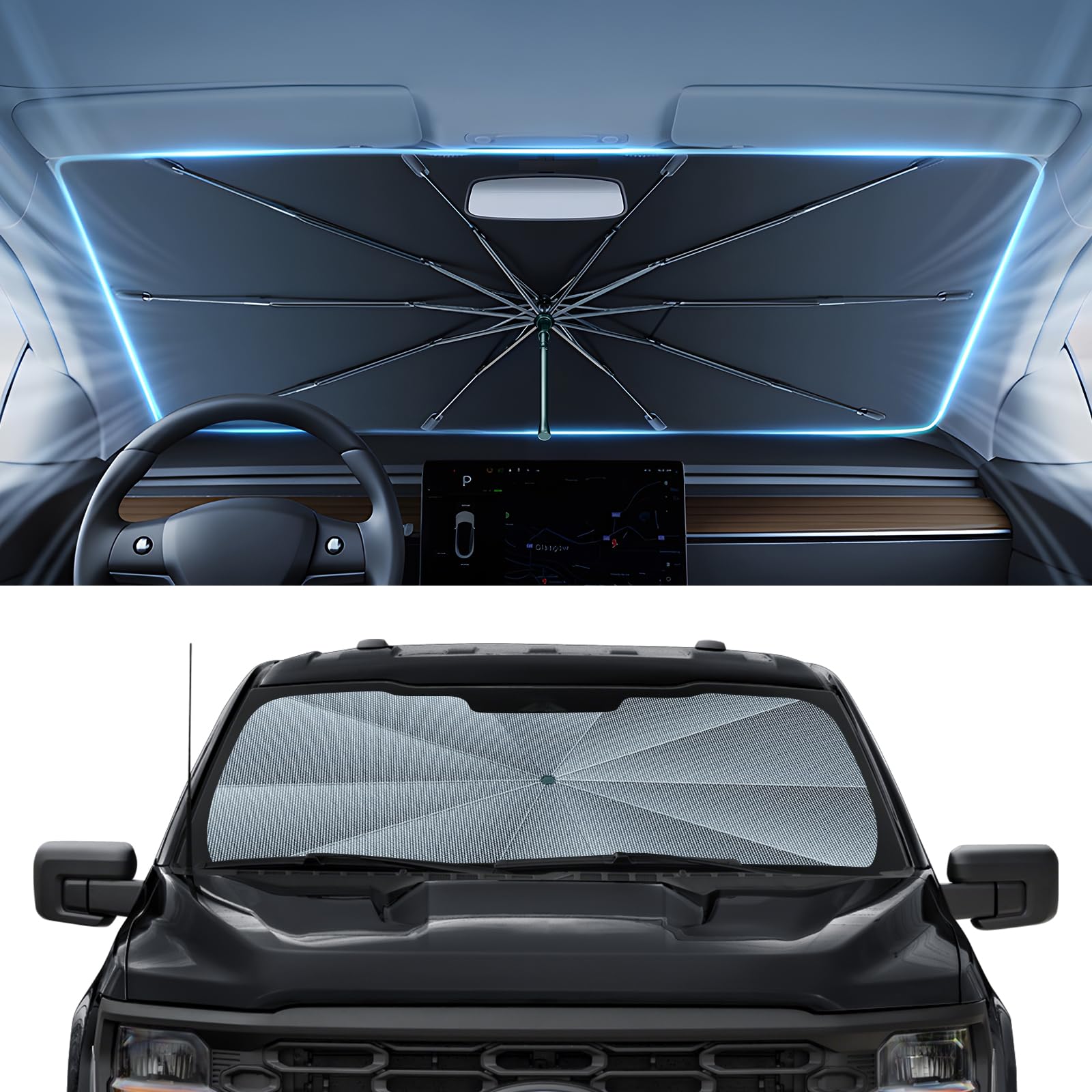 Autorder Windshield Sun Shade Umbrella for 2021-2026 Ford F150 F250 F350 F450 Accessories,Upgraded Ice Crystal Material,Easy Setup Umbrella Sunshade for Car Windshield,100% Sun Blocking