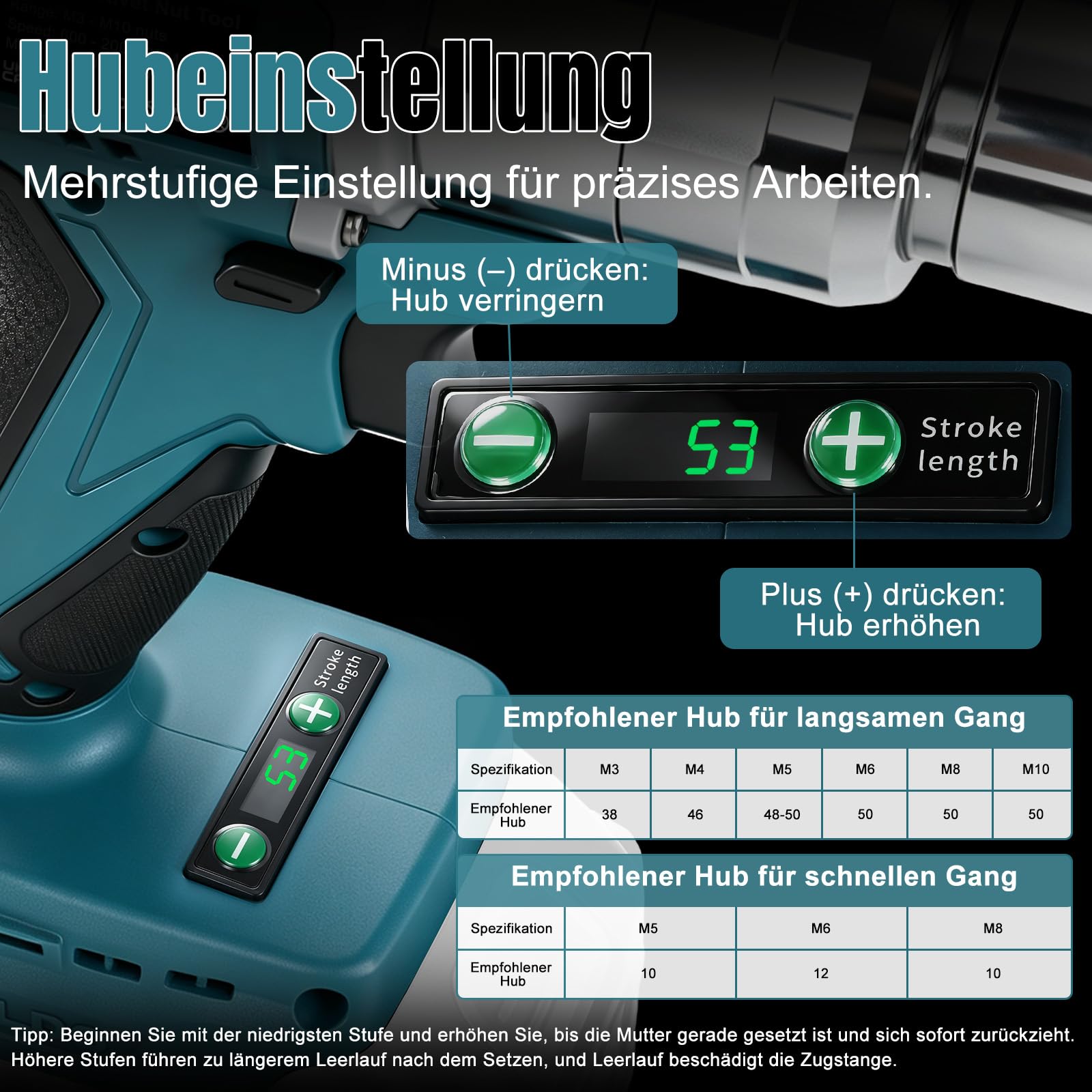 Elektryczny nitownik kompatybilny z akumulatorem Makita 18 V, silnik bezszczotkowy, siła ciągnąca 100 Nm, 600-2000 obr./min, do nakrętek M3-M10, 6 nitów i 30 drążków