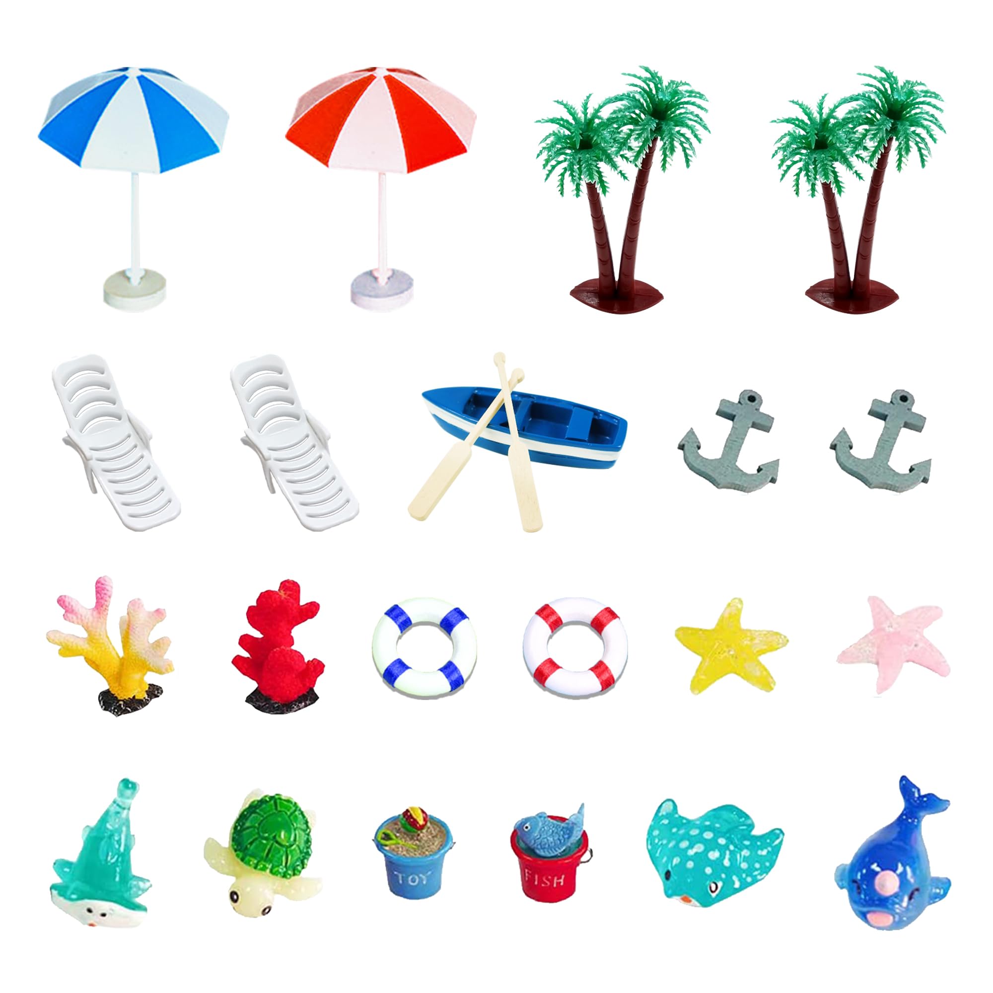 21 Pieces Beach Cake Toppers Hawaiian Chair Boat Palm Tree Umbrella Dollhouse Decoration Miniature Ornament Kits Set For Swimming Pool Summer Beach Birthday Party Supplies