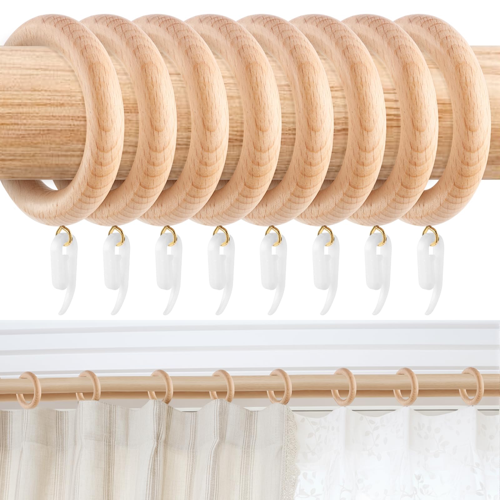 Curtain Rings, 24 PCS Metal Curtain Ring with 24 Plastic Hooks, Drape Sliding Hanging Rings for Pole Rod, 30 mm Internal Diameter (WOOD)