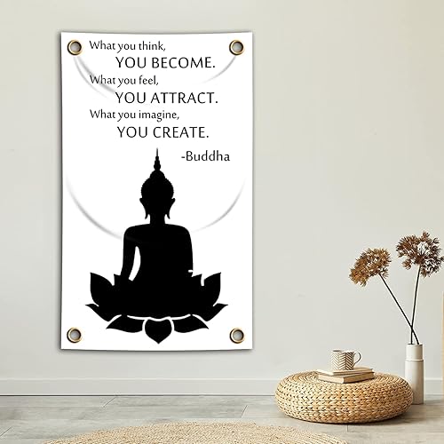 Miniatura 4 de Tapiz de bandera de estatua de Buda Lucky Happy Wall Art Poster budista colgante pintura imagen para sala de estar decoración del hogar, 3 x 5 pies