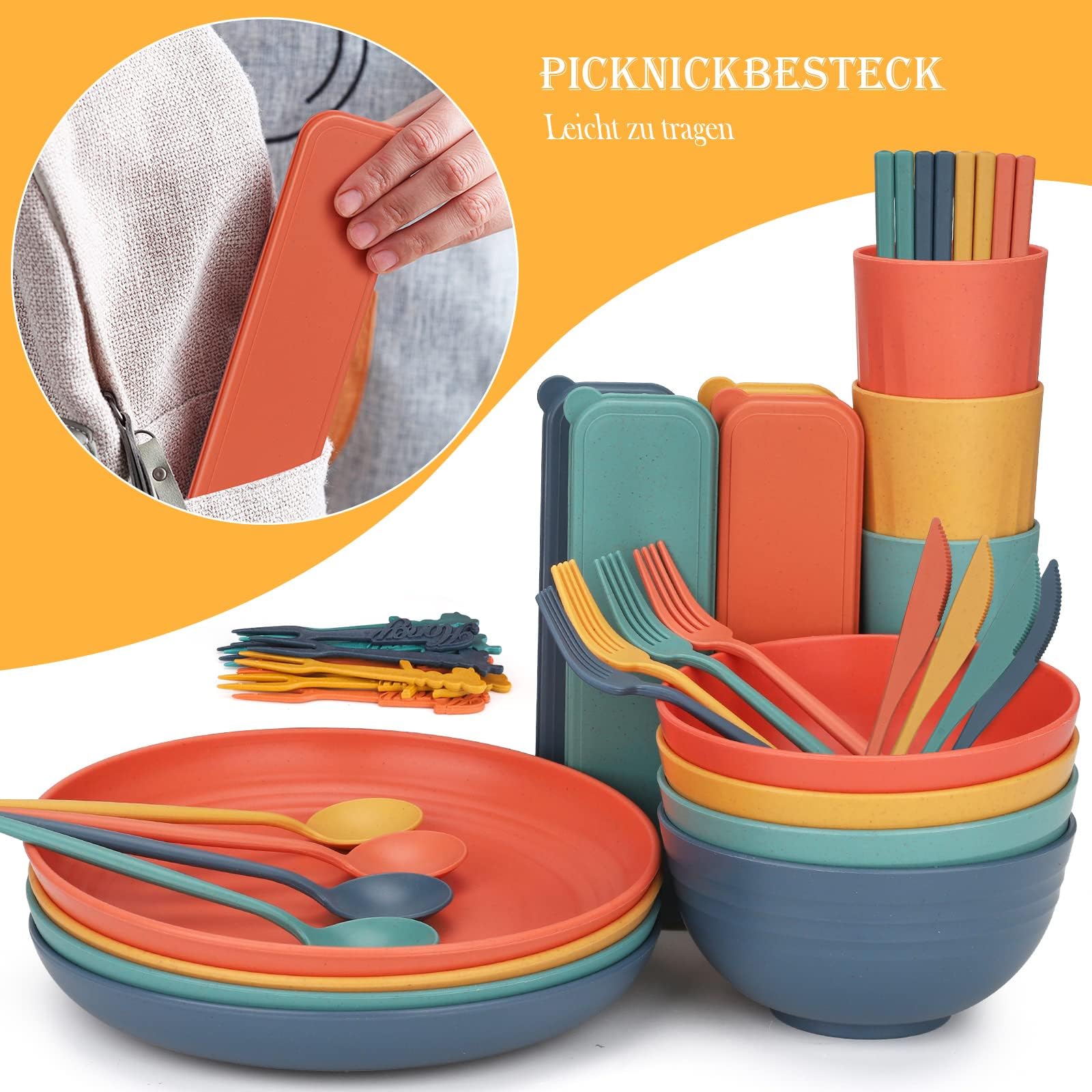 Set de Vaisselle de Camping Indestructible 44 Pièces - Assiettes et Bols Réutilisables pour 4 Personnes - Tasses et Couverts Complets pour Pique-nique, Fêtes et Famille
