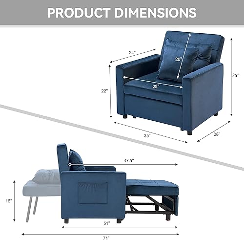 Miniatura 2 de JOYHOM Silla convertible para cama sofá cama 3 en 1 silla plegable de terciopelo extraíble con respaldo ajustable terciopelo azul oscuro