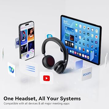 Dytole Wireless Headset with Mic for Work-Bluetooth 5.3 Headset with Microphone Noise Cancelling, Wireless Headsets with 65H Battery & 10Min Fast Charge, Smart Charging Dock for PC/Laptop/Team, Black