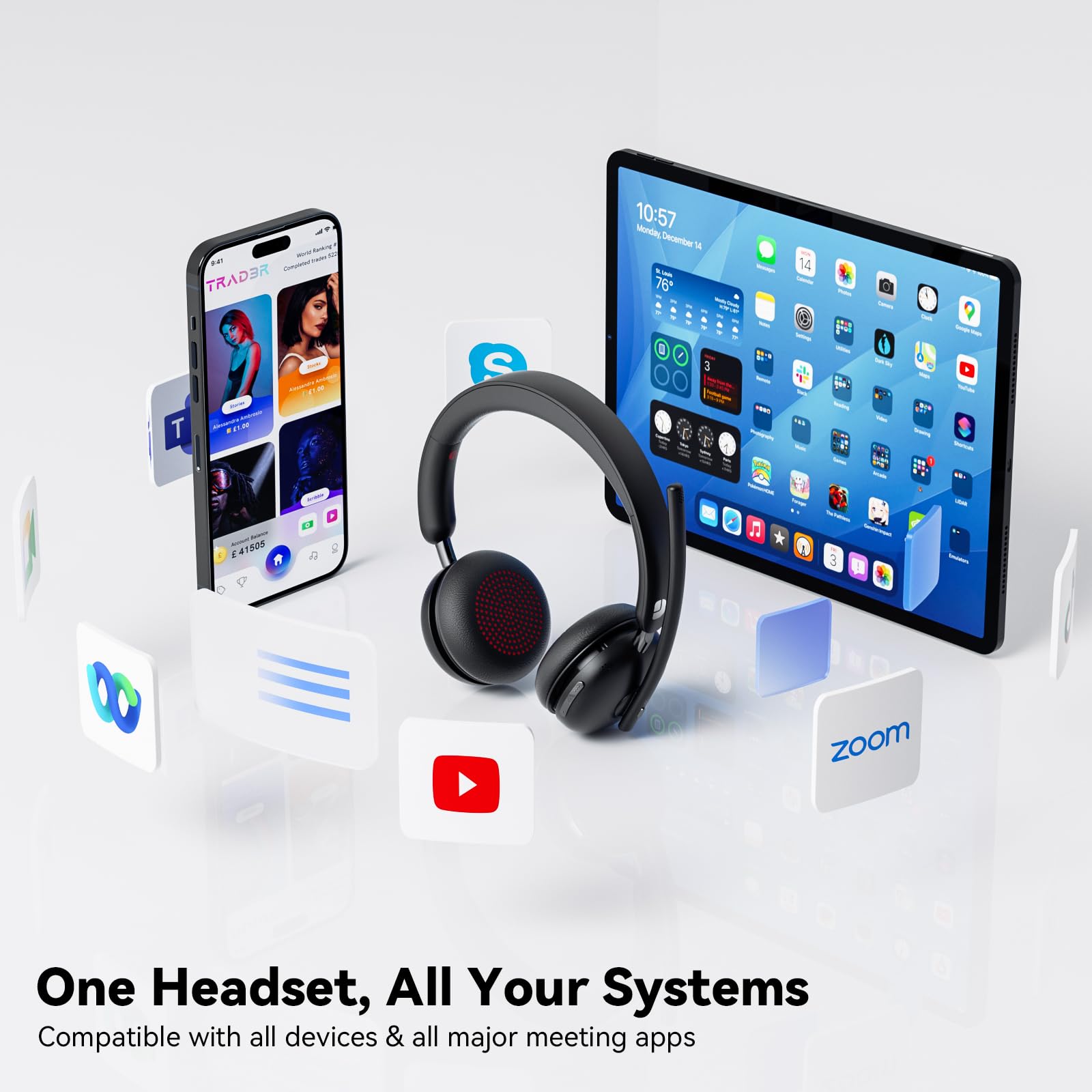 Dytole Cuffie wireless con microfono per lavoro, cuffie Bluetooth 5.3 con microfono a cancellazione del rumore, cuffie wireless con batteria 65 ore e ricarica rapida 10 minuti, dock di ricarica