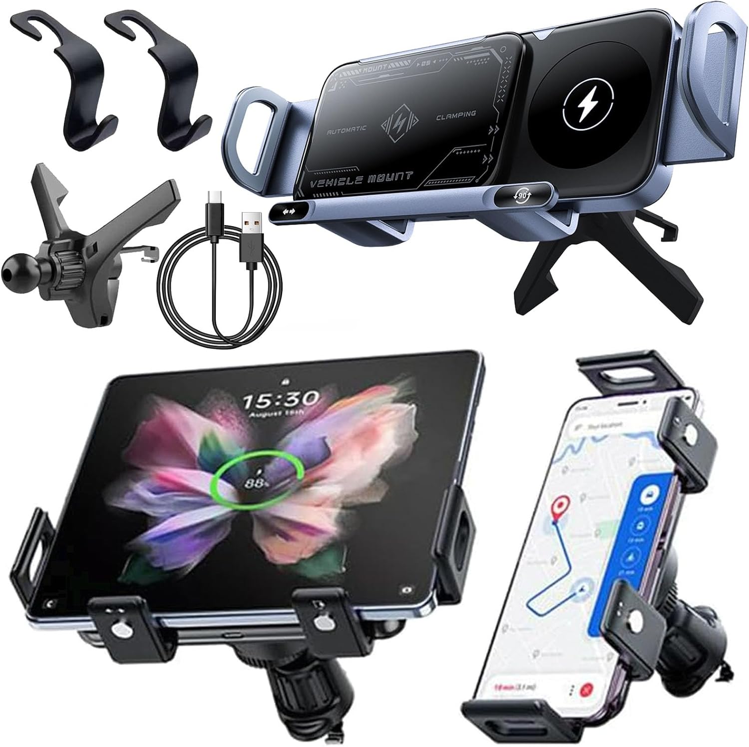 2024 High Intelligent Mobile Phone/Pad Holder, Wireless Car Charger Fast Charging Holder for All Smart Phones (Silver)