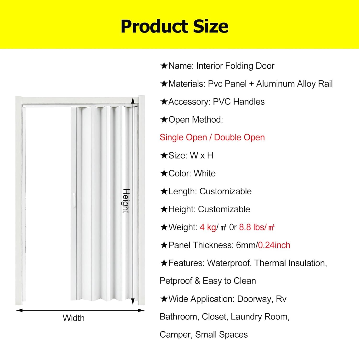 Custom Accordion Sliding Door, Aluminum Frame Room Divider for Bedroom, Bathroom, Office & Kitchen - Waterproof & Heat Insulation (24x80in/61x203.2cm)