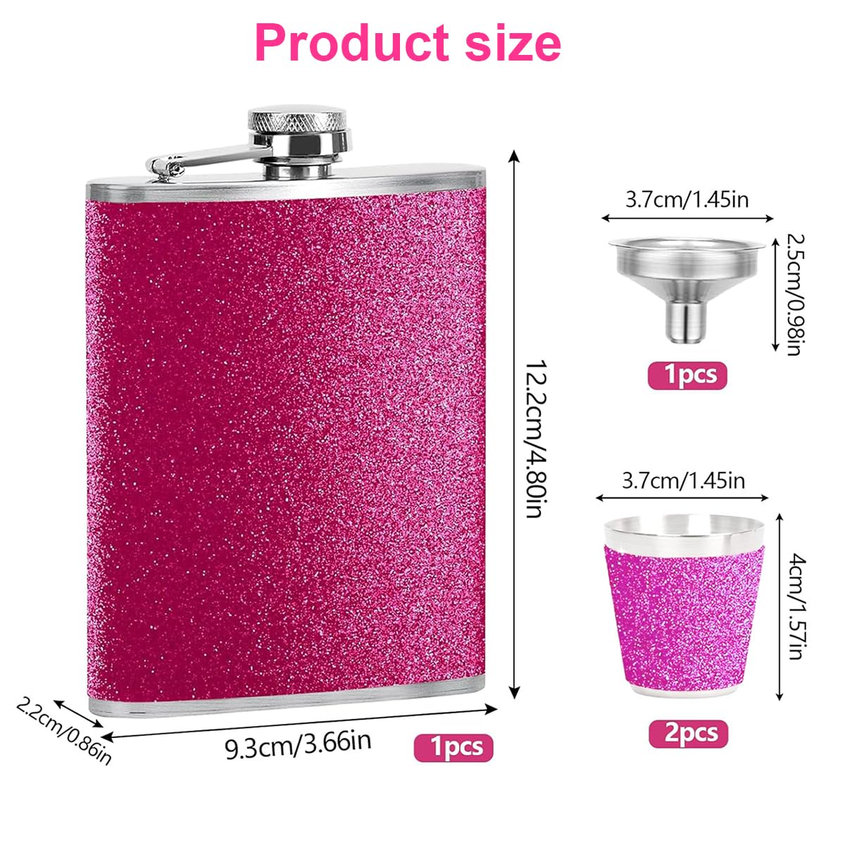 Piersiówka ze stali nierdzewnej 8 oz/240 ml, różowy, brokat, z 2 sztukami kieliszków do wódki, przenośna różowa piersiówka dla mężczyzn i kobiet, do whisky, rumu i wódki, na podróż, imprezę, kemping