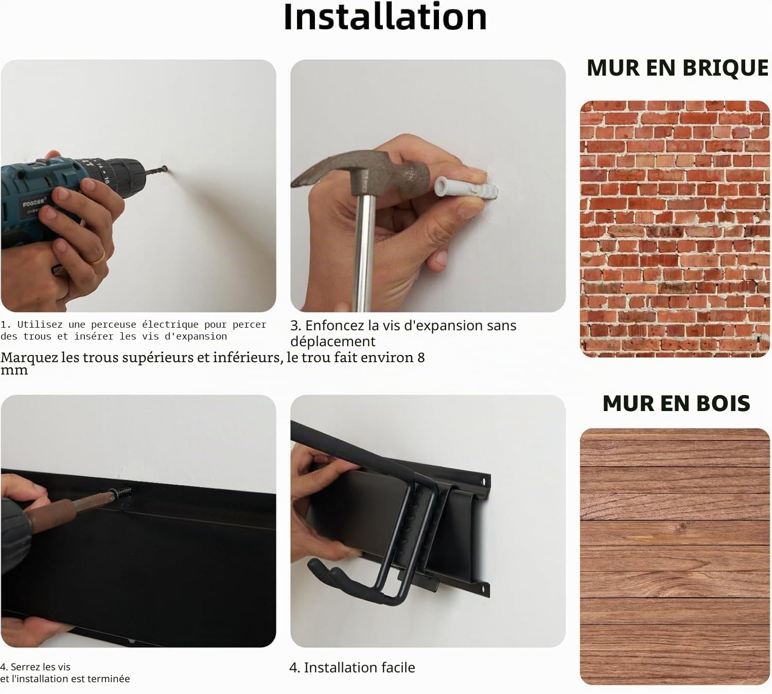 Porte Outils Mural Premium - Range Outils de Jardin avec 6 Crochets Réglables, Support Balais Mural pour Garage/Jardin - Organisation du Garage en Acier Robust