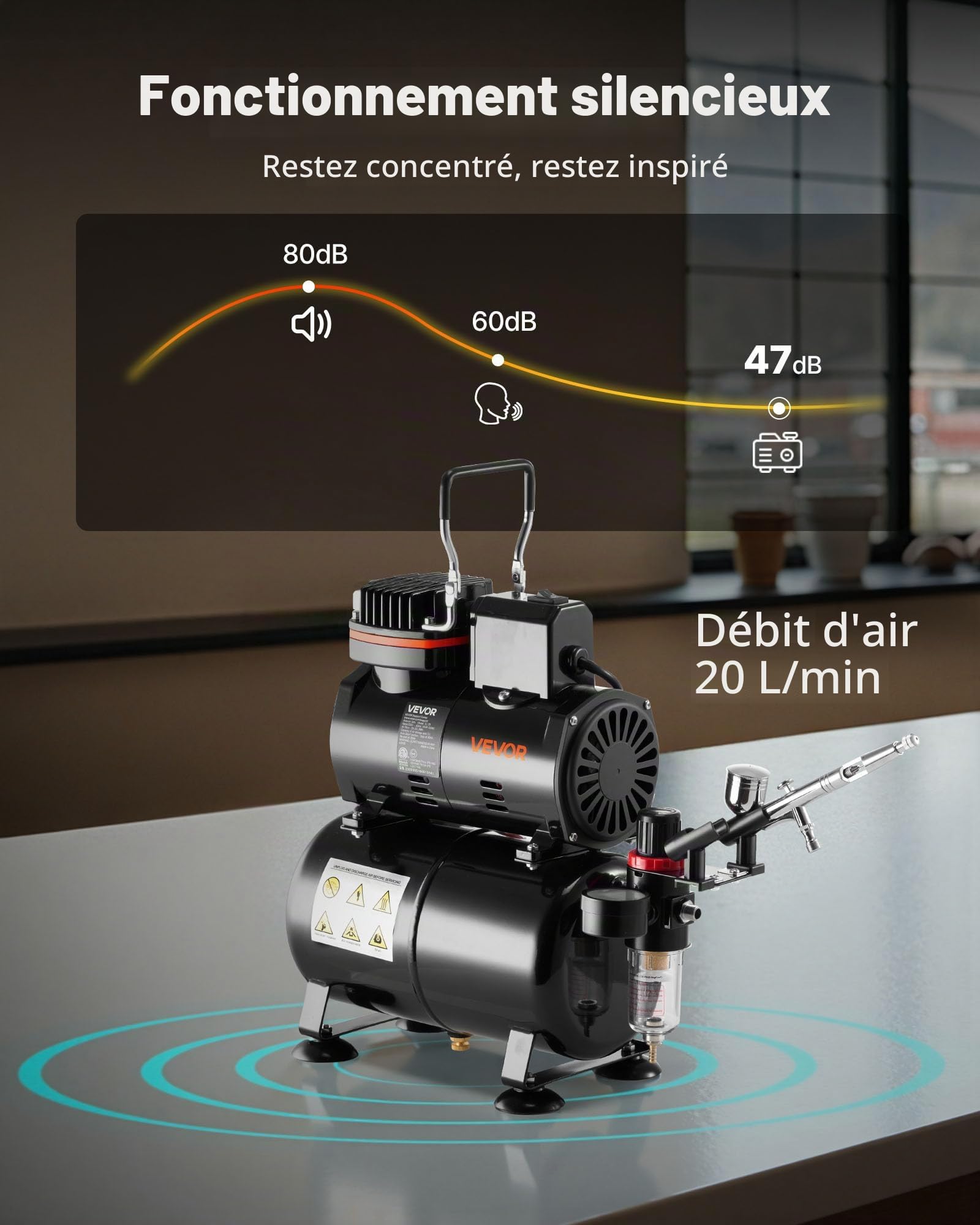 VEVOR Kit Aérographe avec Compresseur d’Air 1/6 HP et Réservoir, Compresseur Aérographe avec 1 Pistolet à Double Action, 3 Buses, Peinture Acrylique, pour Décoration Pâtisserie Onglerie Modélisme